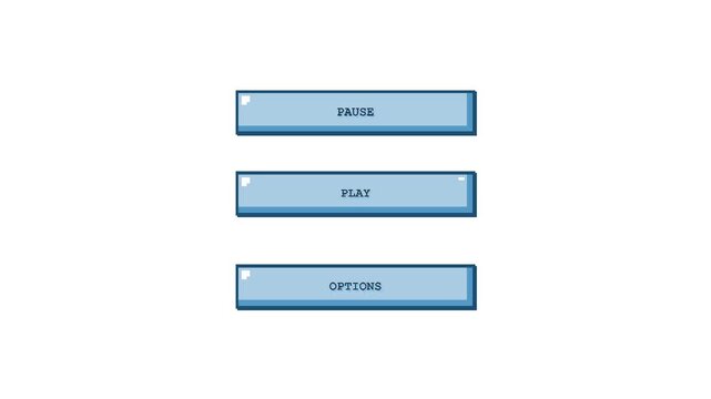 Retro 8-bit Pixel Art Video Game Menu Buttons with Play, Pause, and Options. High Quality 4K Gaming Interface UI Design Element for Arcade Style Apps and Retro Projects.