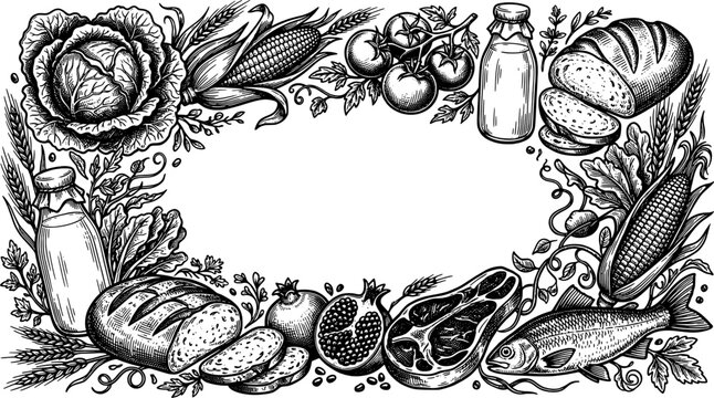 Food frame border illustration in a vintage engraved black and white style including cabbage, corn, tomatoes, milk, bread, pomegranate, meat and fish.