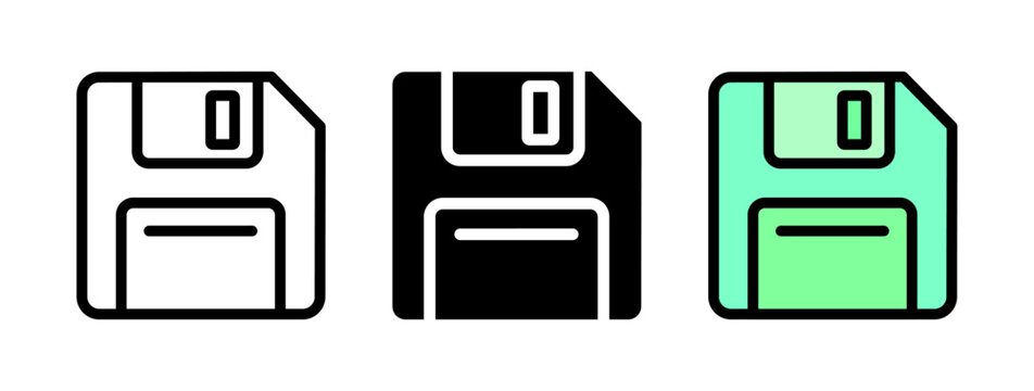 floppy disk save icons in outline, glyph, and color vector style set for file storage design