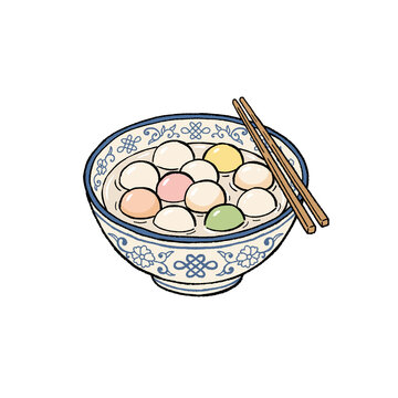Hand drawn Chinese Tangyuan sweet rice dumplings in traditional ceramic bowl with chopsticks vector illustration isolated on white background