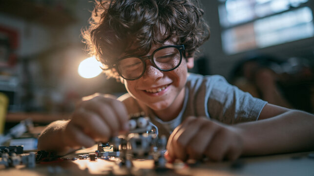 Happy Boy with Glasses Assembling Toy Robot