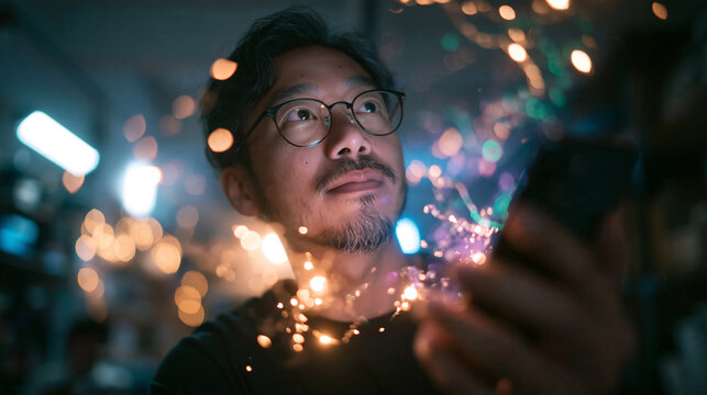 Inspired Asian Man Holding Smartphone with Glowing Lights