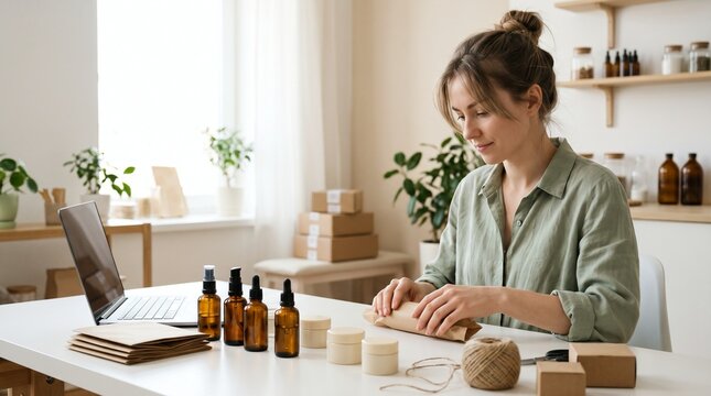Woman packaging handmade cosmetic products for her home based business