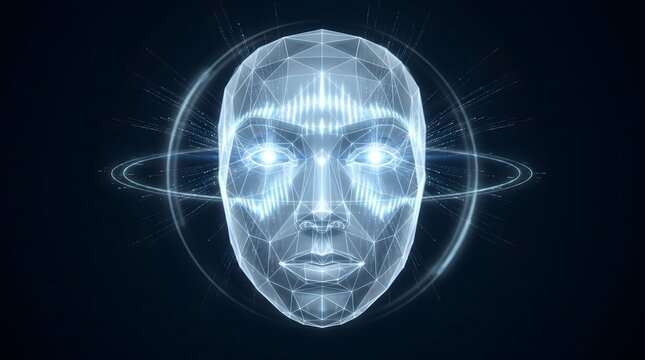 Glowing blue digital human face wireframe with bright glowing eyes and data rings in dark space. Artificial intelligence, machine learning, and futuristic technology concept
