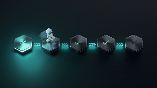 Cute little robot jumping across sequential metal checkmark platforms on dark background. Artificial intelligence task workflow, automation, and milestone progress concept