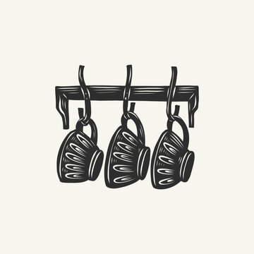 Linocut hanging cups on rack, vintage block print illustration
