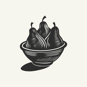 Linocut pears in bowl, vintage block print illustration