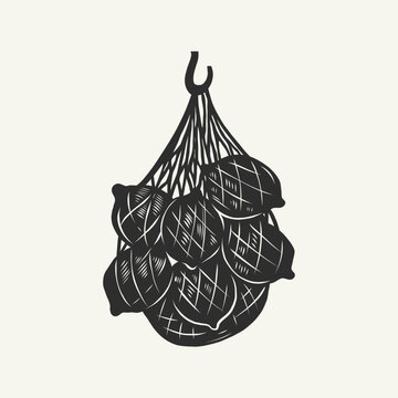 Linocut lemons in mesh bag, vintage block print illustration