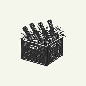 Linocut crate of wine bottles, vintage block print illustration
