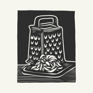 Linocut cheese grater, vintage block print illustration