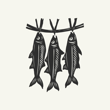 Linocut hanging dried fish, vintage block print illustration
