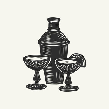 Linocut cocktail shaker and glasses block print illustration