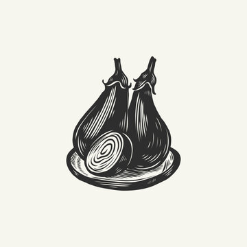 Linocut onions on plate, vintage block print illustration