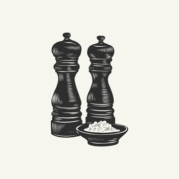Linocut salt and pepper mills, vintage block print illustration