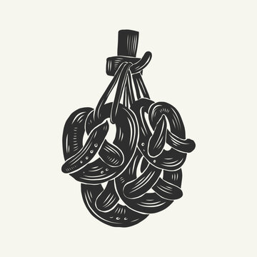 Linocut hanging cured sausages, vintage block print illustration