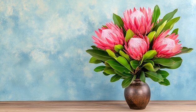 Pink king protea flower bouquet in rustic vase on wooden table with blue background