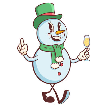 Groovy Christmas Retro Snowman Character Cartoon Vector Winter Holiday Snow Person Mascot Templates. Happy Vintage Cool New Year Snowboy Frost Personage Illustrations Collection Isolated