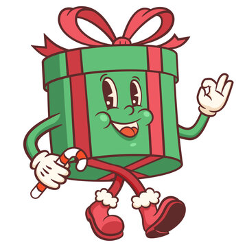 Christmas Groovy Gift Box Retro Character Illustration. Cartoon Decorative Personage walking and smiling. Vector Winter Holiday Mascot Template Happy Vintage Cool New Year Doodle Isolated