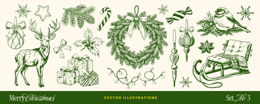 Christmas decoration doodle sketch icons set. Whimsical ribbons, deer, wreath, cones, sleigh, bows elements. Hand-drawn vintage vector coquette Xmas ornament illustrations. Pine tree, garland, candy