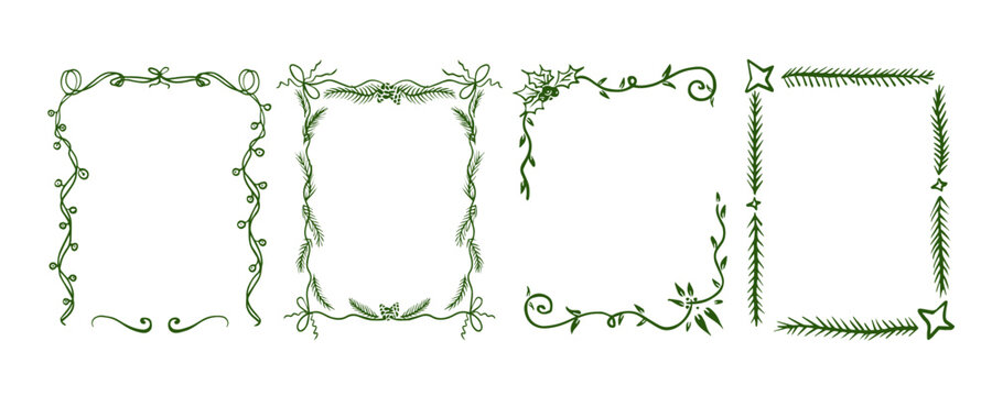 Vintage Christmas frames set with whimsical bow and festive tree border. Hand-drawn holiday card illustrations featuring elegant ribbon, bells, pine tree and winter ornaments for party invitations