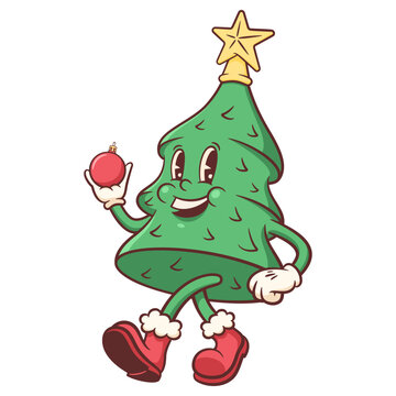 Christmas Groovy Pine Retro Character Illustration. Cartoon Xmas Tree Decorative Personage. Vector Winter Holiday Spruce Mascot Template with Star Topper. Happy Vintage Cool New Year Doodle Isolated