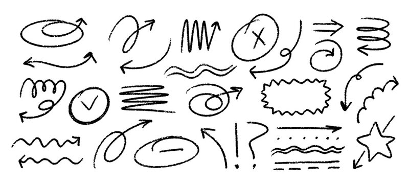 Cute Crayon Pencil Emphasis Squiggles Vector Set. Chalk Scribble Graffiti Arrows Frames Speech Bubbles Underlines. Hand Drawn Brush Texture Star Shapes Highlights. Pencil Childish Charcoal Doodles