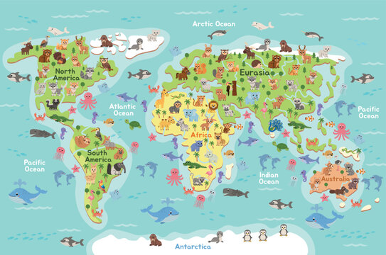 World map with 82 cute cartoon animals organized by continent. Colorful educational illustration for kids, 
