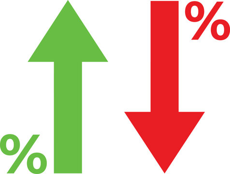 Green arrow pointing up and red arrow pointing down with percentage symbols representing financial market trends