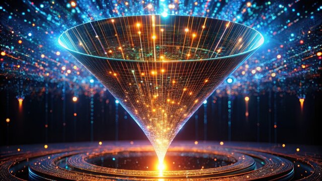 Creative visual of a funnel glowing with data streams
