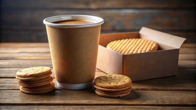 A paper cup with coffee and a box with biscuits