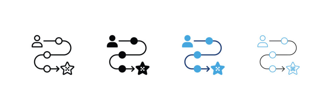 User journey icon set. Customer path roadmap with timeline nodes leading to star goal Icons. Outline, Glyph, two-tone and editable stroke vector illustration.