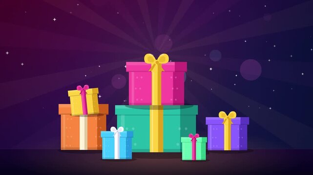 Festive Gift Boxes and Silk Ribbon Burst Explosion Background