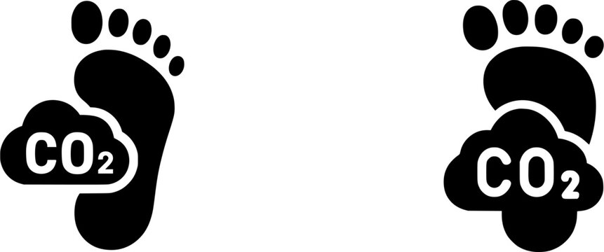 The image illustrates a carbon footprint symbol with the letters CO2, representing the environmental impact of emissions