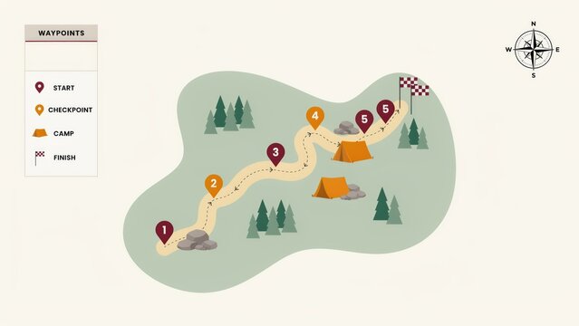 Hiking trail map with numbered checkpoints and orange tents in a green forest landscape