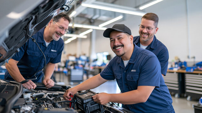 Wide angle view of a contemporary auto repair garage where two mechanics collaborate to jump start a car with a portable emergency power pack, one technician working at the