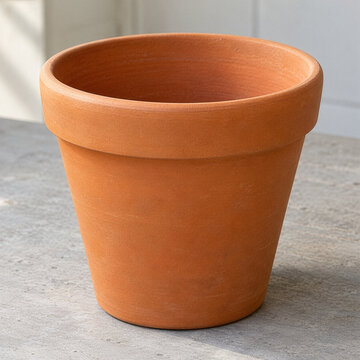 Empty terracotta flower pot on a pale gardening worktop