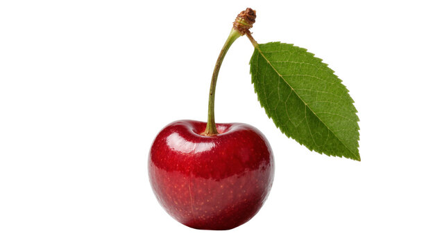 Fresh ripe red cherry with green stem and single serrated leaf