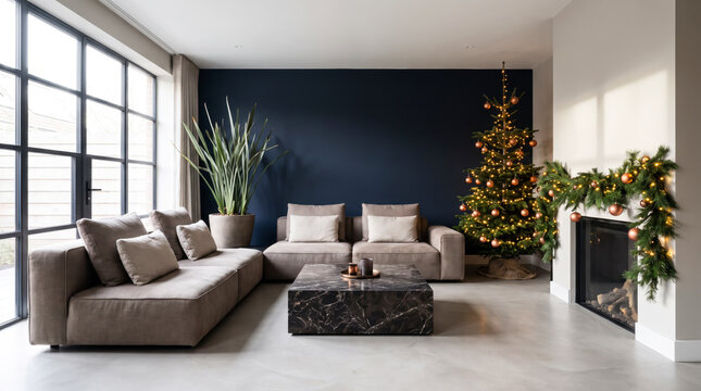 Contemporary living room with navy accent wall, modular sofa, Christmas tree and fireplace garland