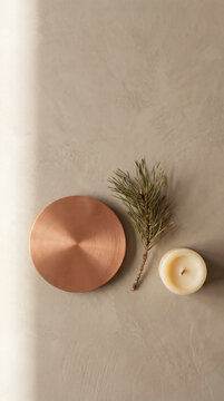 Christmas flat lay of copper disc, pine sprig and candle on microcement with copy space