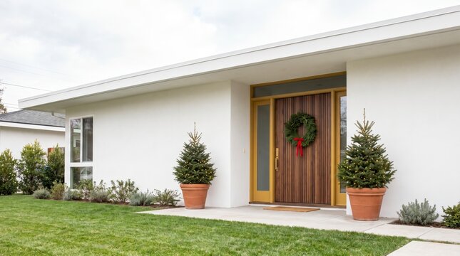 Mid century bungalow front door with Christmas wreath, red bow and terracotta potted fir trees