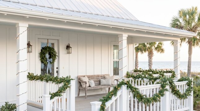Beach house porch decorated for Christmas with lit garlands, wreath, string lights and palm trees