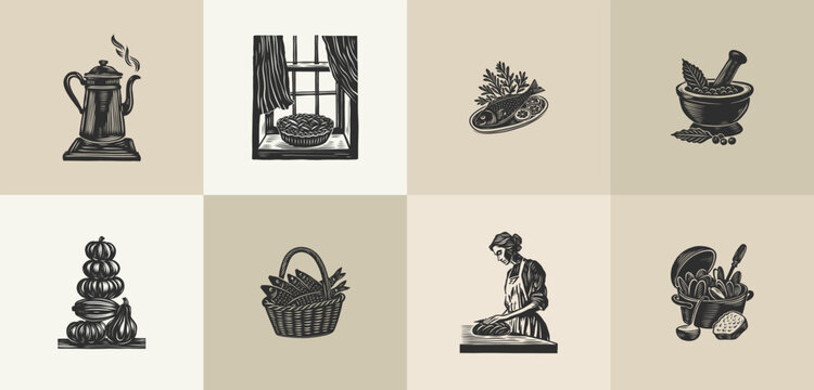 Set of 8 linocut kitchen illustrations with pie and fish basket