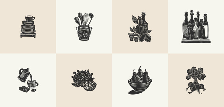 Set of 8 linocut kitchen illustrations with bottles and beets