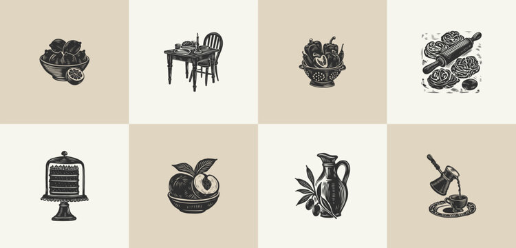 Set of 8 linocut kitchen illustrations with layer cake and pasta