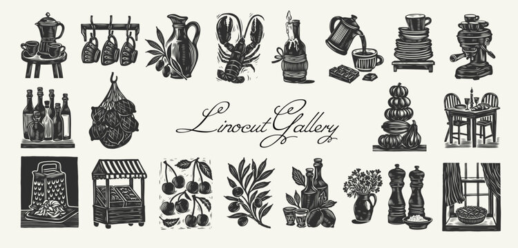 Linocut kitchen illustration collection with lobster and coffee
