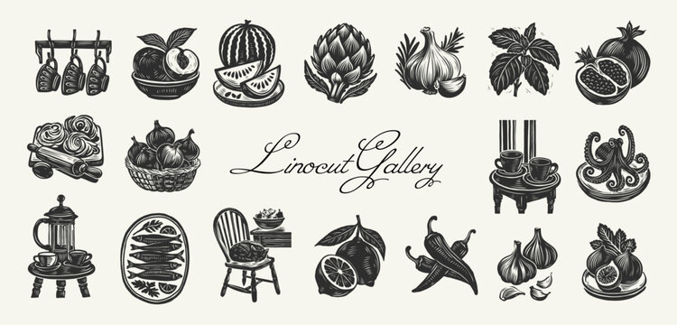 Linocut kitchen illustration collection with artichoke and figs