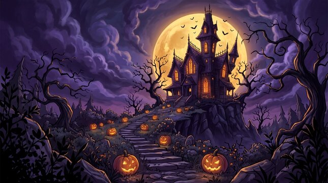 Spooky Halloween haunted mansion landscape illustration with glowing jack o lanterns, stone stairs, flying bats, and full moon background