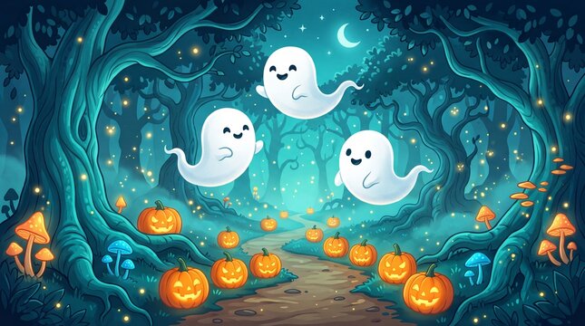 Spooky Halloween magical forest illustration with cute glowing ghosts flying over jack o lanterns path glowing mushrooms and crescent moon night sky background
