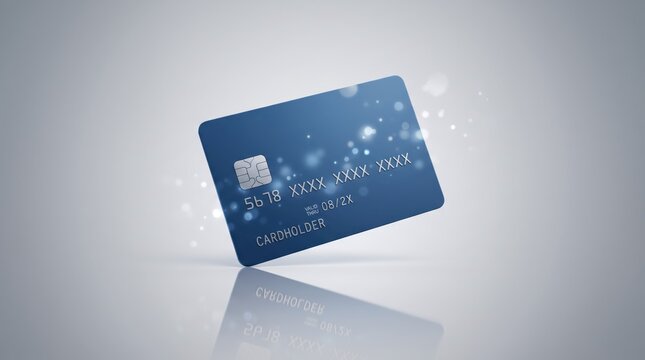 Blue credit card floating with glowing particles, representing secure online payment, financial transaction, banking service