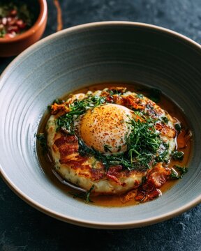 delicious gourmet potato hash brown served in a ceramic bowl topped with fried egg fresh herbs and savory bacon pieces